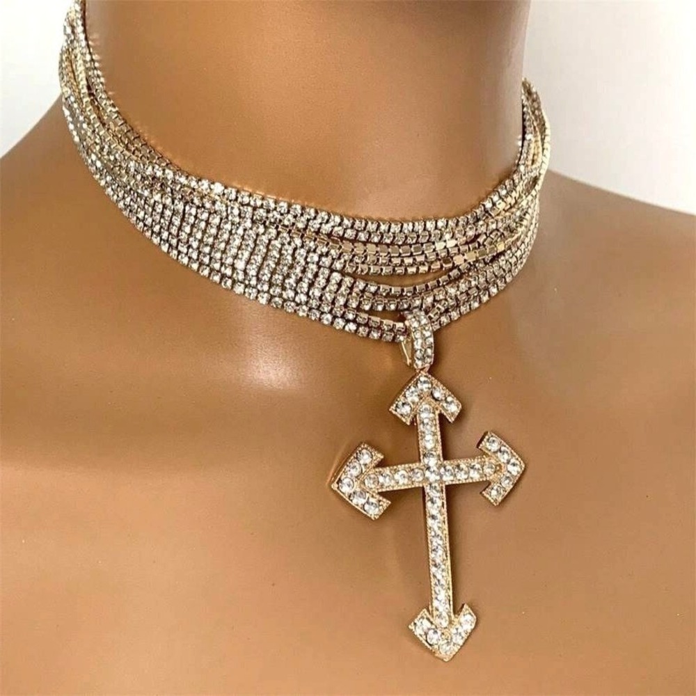 Gold Goth Rhinestone Multi Strand Choker Necklace Large Cross Pendant White